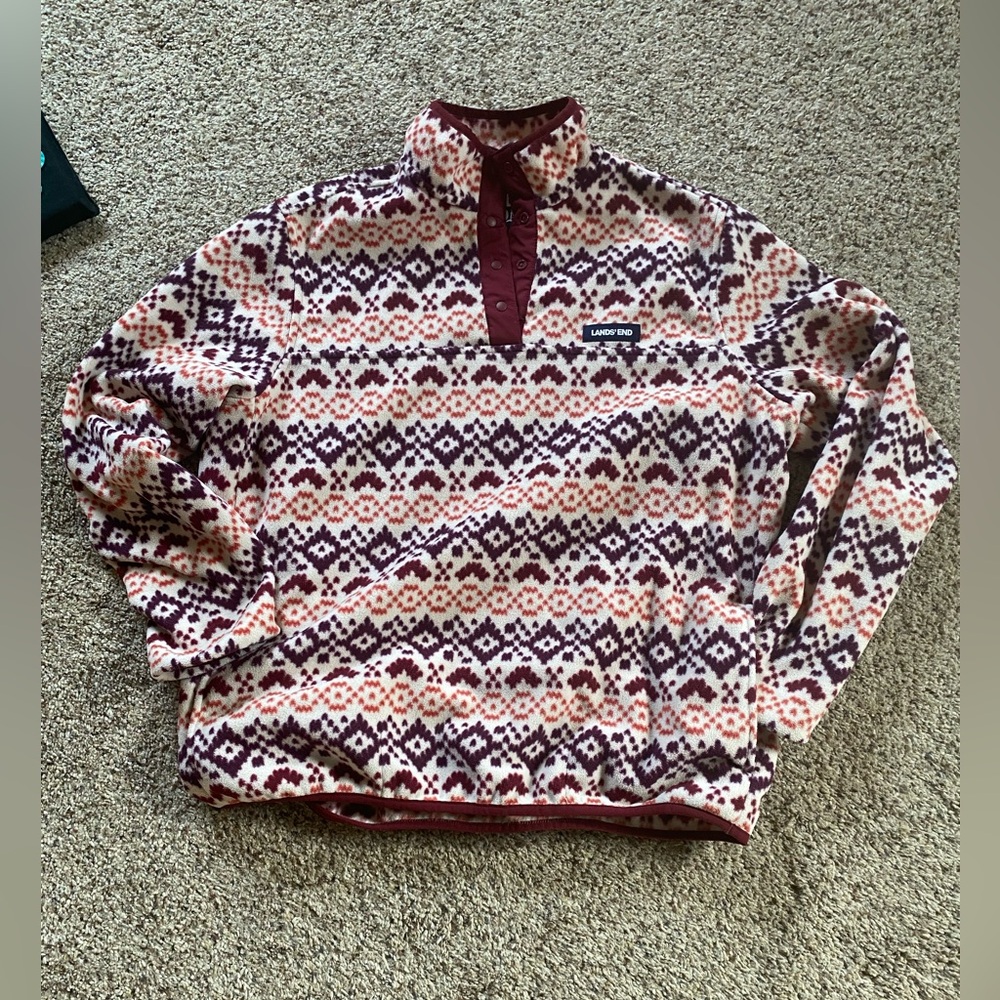 Lands' End Women’s Patterned Fleece 1/4 snap   - Burgundy and Cream